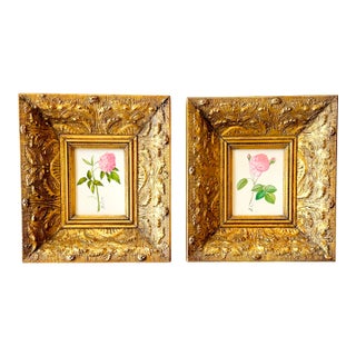 Original Hand-Painted Wild Rose Painting in a Vintage Gilt Frame, Pair For Sale