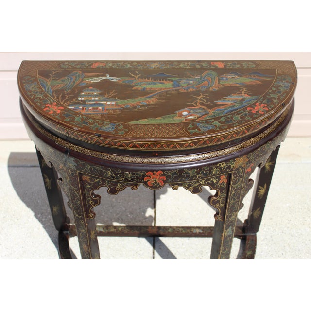 Antique 19th Century Chinese Brown Lacquer Demi-Lune Console Table | Hand-Painted Gilt Decor For Sale - Image 4 of 17