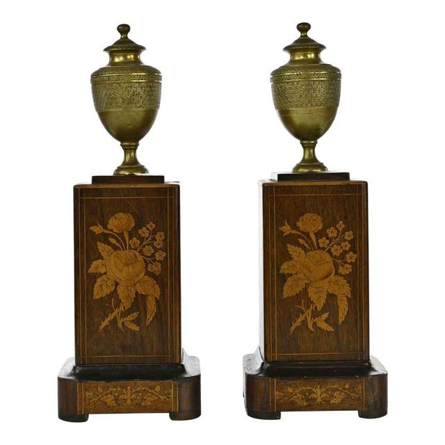 19th Century French Empire Bronze Vases with Inlaid Wood, Set of 2 For Sale - Image 6 of 6