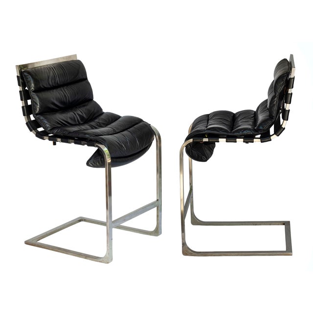Restoration Hardware Pr. Of Vintage Rh Black Leather & Chrome Bar Stools For Sale - Image 4 of 18