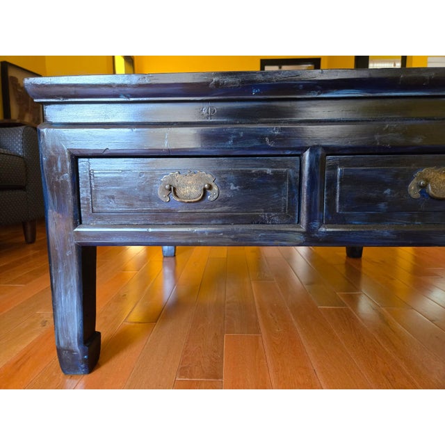 Wood Vintage Chinese Blue Lacquer Coffee Table With Two Drawers For Sale - Image 7 of 9