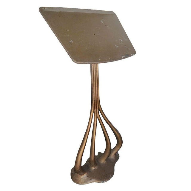 French Art Nouveau music sheet & book stand with an organic-inspired sculptural cast metal base and metal sheet music...