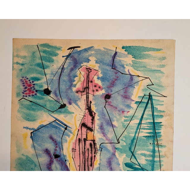 Original mid-century watercolor and mixed-media work on paper, signed and dated 1950 at lower right. The highly expressive...