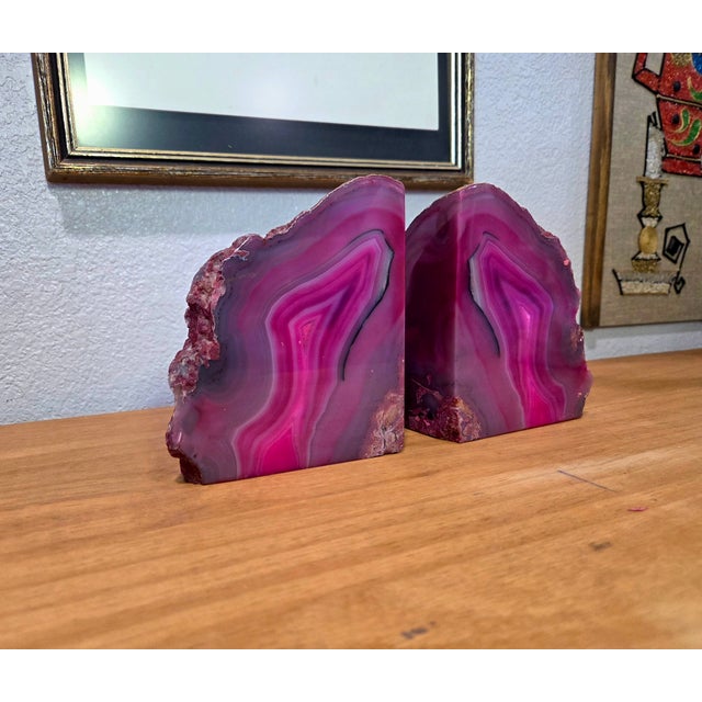 Large Pink Agate Geode Bookends, Polished Natural Stone Crystal Pair With Sculptural Form For Sale In Phoenix - Image 6 of 9