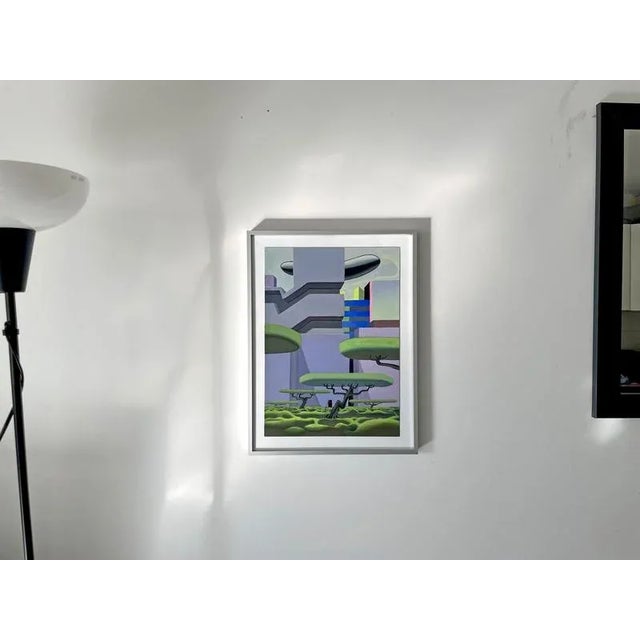 Gold Nico Pearleyes, Surreal Urban Landscape and Floating Trees, 2024, Acrylic on Paper, Framed For Sale - Image 8 of 15