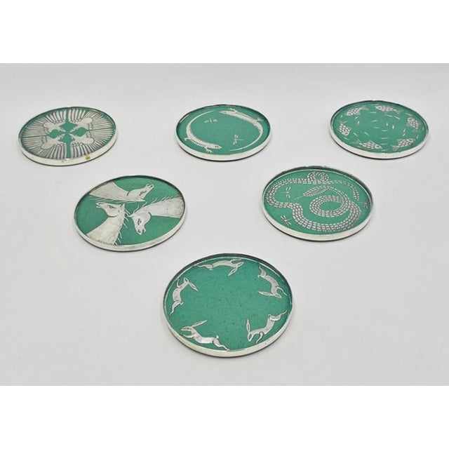 1980s Set of 6 Porcelain & Pure Silver Drink Coasters & Holder by Emilia Castillo For Sale - Image 15 of 18
