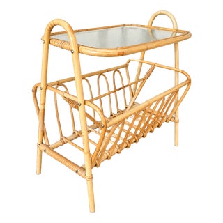 Vintage Scandinavian Rattan Side Table with Magazine Rack and Glass Top, 1960s For Sale