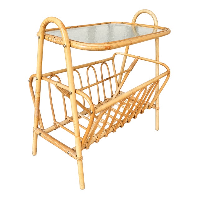 Vintage Scandinavian Rattan Side Table with Magazine Rack and Glass Top, 1960s For Sale