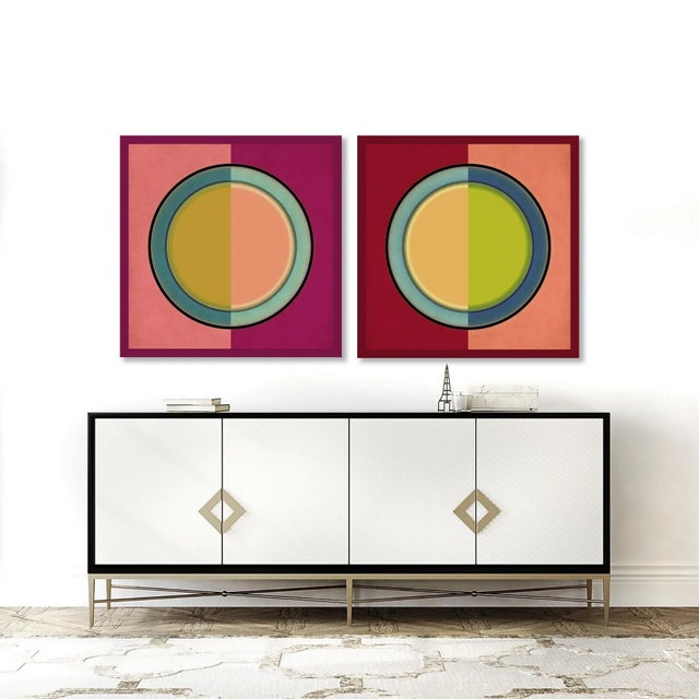 These contemporary geometric diptych art prints are fun colourful circles of colour within square portions of coordinating...
