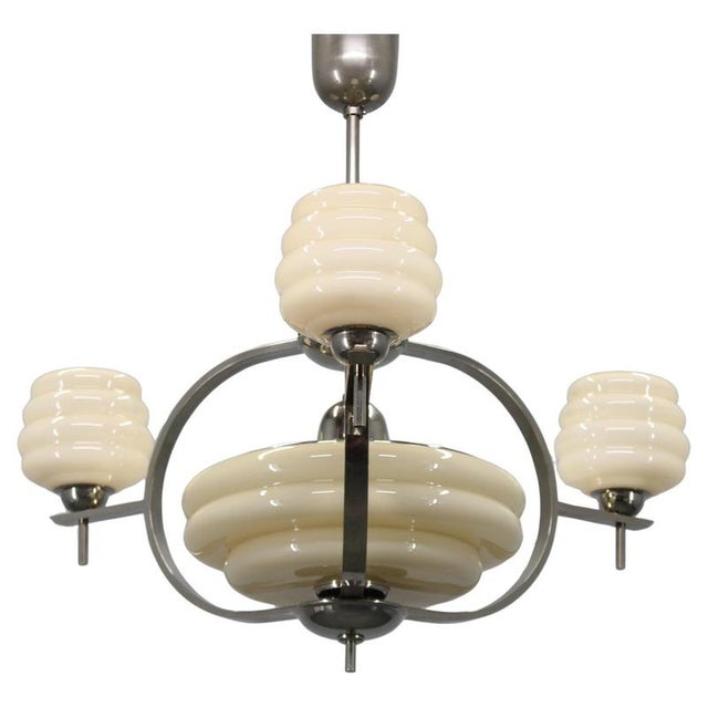 Art Deco Nickel and Cream Glass Chandelier, 1930s For Sale - Image 14 of 14