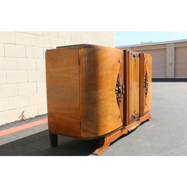 Art Deco Antique French Art Deco Burl Wood Sideboard Buffet With Marble Top For Sale - Image 3 of 18