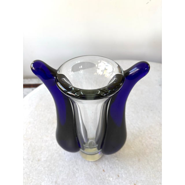 Jaroslav Svoboda Karlov Art Glass Vase Clear and Blue, Signed For Sale - Image 4 of 6