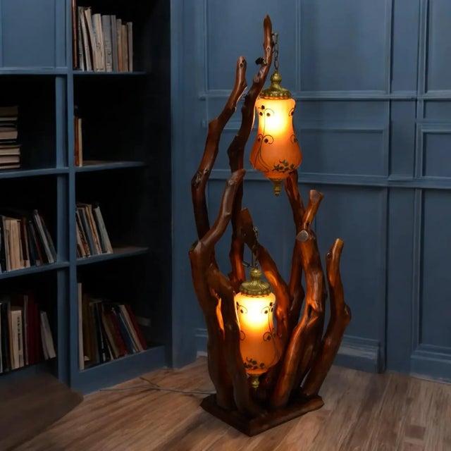 Brown 1970s Rustic Handcrafted Tree Branch Floor Lamp With Amber Glass Globes For Sale - Image 8 of 13