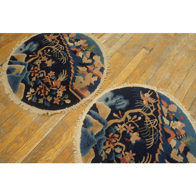 Chinese 1920s Blue Navy Floral Antique Pair of Chinese Peking Carpets 2' X 2' Hand Knotted Wool Carpets For Sale - Image 3 of 12