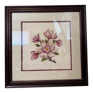Vintage Framed Cross Stitch Magnolia Open Flower Botanical Art 23"x23" Professionally Framed Needlepoint Embroidery For Sale