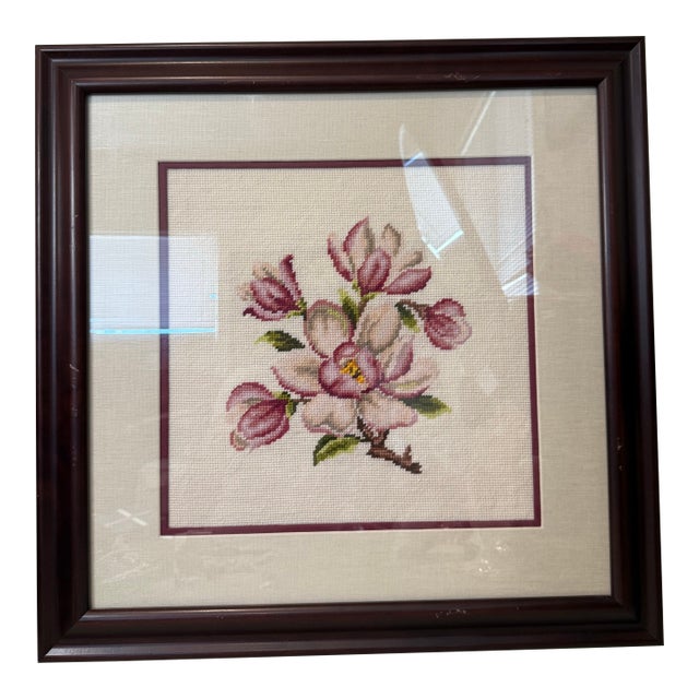 Vintage Framed Cross Stitch Magnolia Open Flower Botanical Art 23"x23" Professionally Framed Needlepoint Embroidery For Sale