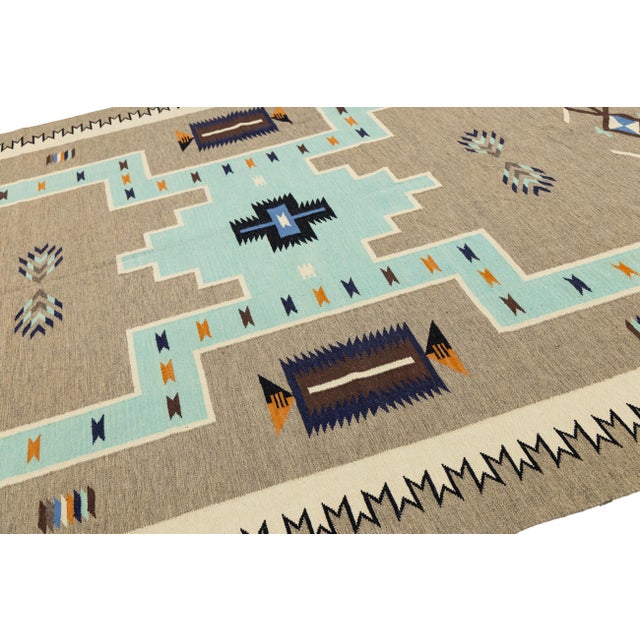 Turquoise Modern Navajo-Style Handmade Wool Area Rug - Geometric Turquoise & Earth Tones For Sale - Image 8 of 11