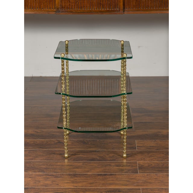 Mid-Century Modern Mid 20th Century Brass Three-Tiered Table with Glass Shelves and Foliage Motifs For Sale - Image 3 of 12