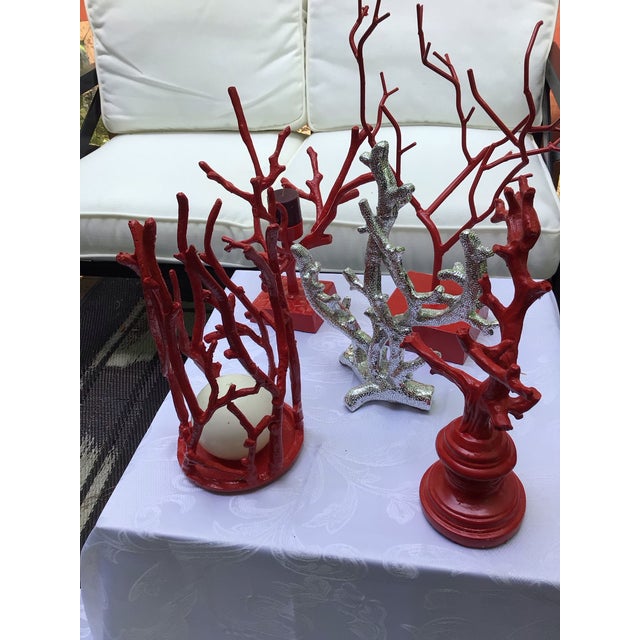 Red Set of 4, Vintage Faux Coral Candle Holder Decor Bundle in Red and Silver For Sale - Image 8 of 11