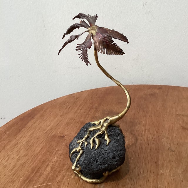 Vintage Copper and Brass Palm Tree Sculpture Mounted on Lava Rock Base For Sale - Image 12 of 12