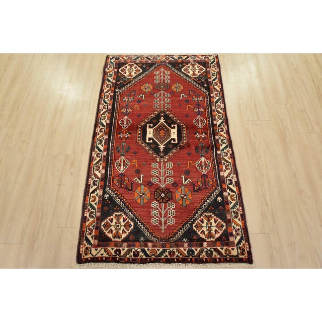 Tribal Shiraz Rug 3’4” X 5’7” Red Wool Vintage Tribal Hand-Knotted Oriental Carpet For Sale - Image 3 of 13