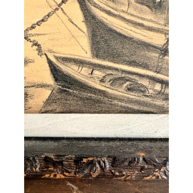 Wood Folk Art Charcoal and Pencil Drawing of S Sailing Ship and Dinghy, Signed by Artist For Sale - Image 7 of 9