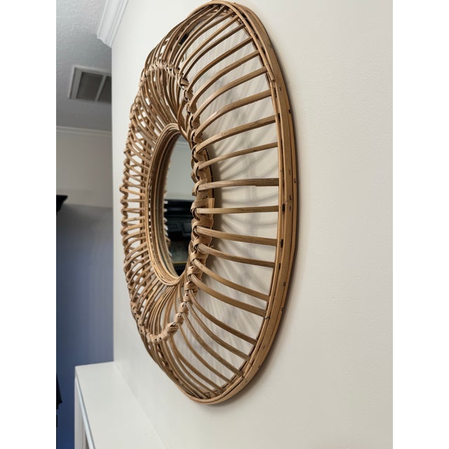 Nautical Large Coastal Rattan Round Wall Mirror For Sale - Image 3 of 12