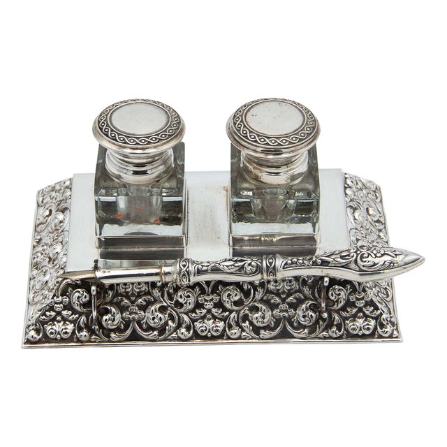Embossed Silver Inkwell with Fountain Pen For Sale
