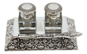Embossed Silver Inkwell with Fountain Pen