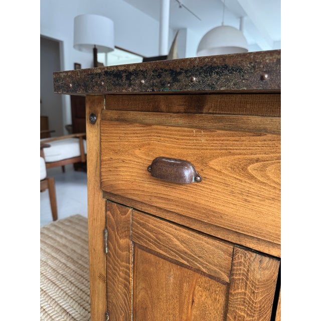Vintage Industrial Desk With Integrated Swing-Out Stools For Sale - Image 11 of 18