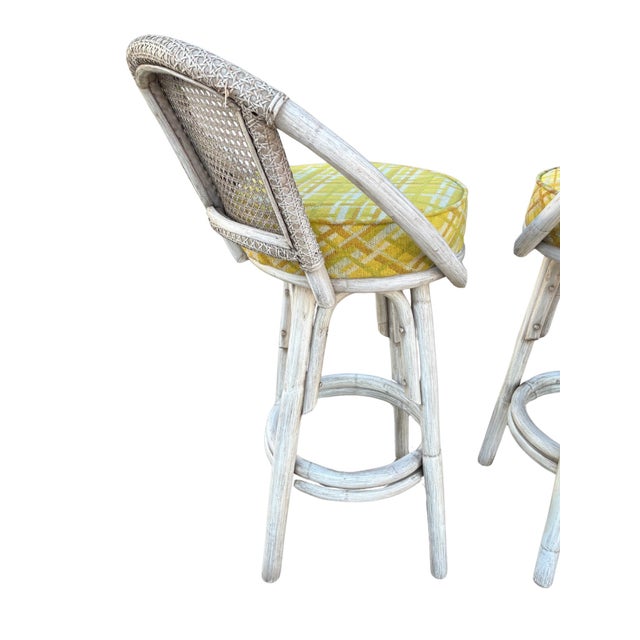 1960s Vintage Kalp-Son Rattan Swivel Bar Stools, Set of 3, Hollywood Regency Coastal Cane Backs For Sale - Image 5 of 11