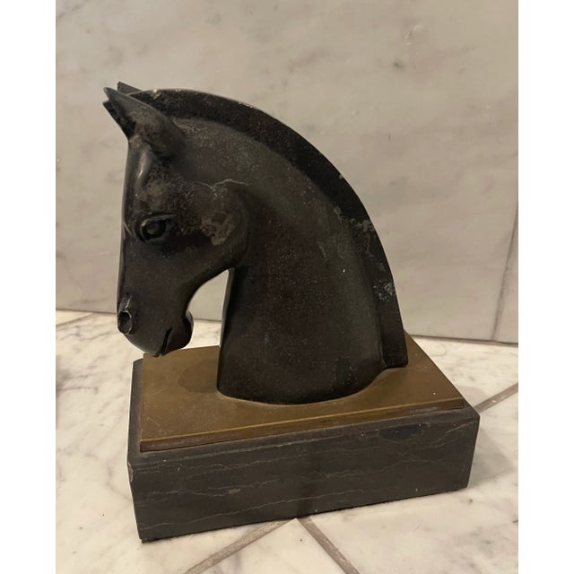 Pair of 1930s Art Deco Black Marble and Brass Horse Head Bookends For Sale - Image 4 of 12