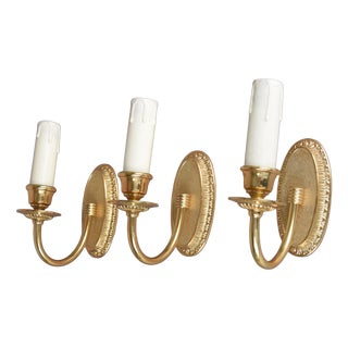 Louis XVI Gilt Metal Wall Sconces with Oval Beaded Backplates, 1950s, Set of 3 For Sale