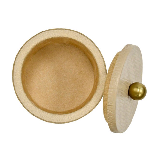 Worlds Away Matthew Izzo Home Emma Round Ivory Faux Leather Container With Lid and Brass Ball Handle For Sale - Image 4 of 7