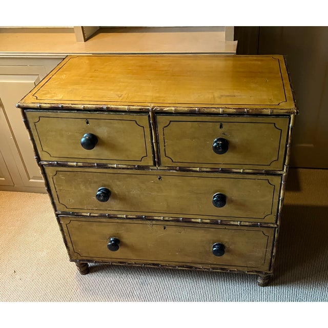 Wood Antique 19th Century Regency Carved and Painted Faux Bamboo Chest of Drawers, England Circa 1830 For Sale - Image 7 of 18