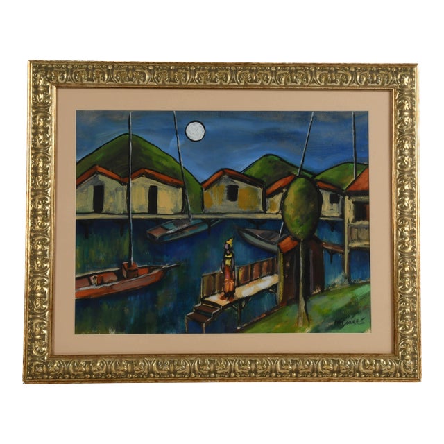 Late 20th Century Framed Signed José María Mijares "Waiting Under the Moon" Mix Media For Sale