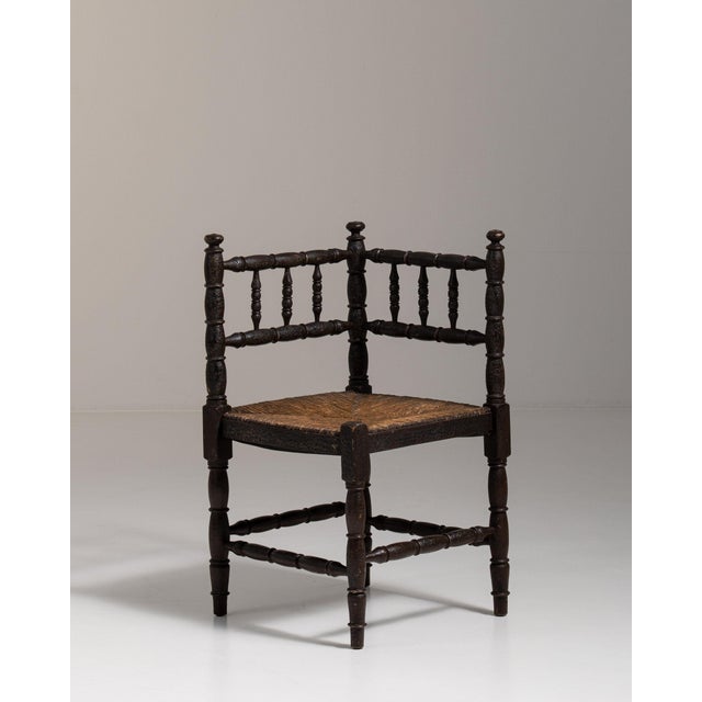 Wood 20th Century France Weathered Dark Oak Rush-Seated Spindle-Back Chair For Sale - Image 7 of 11
