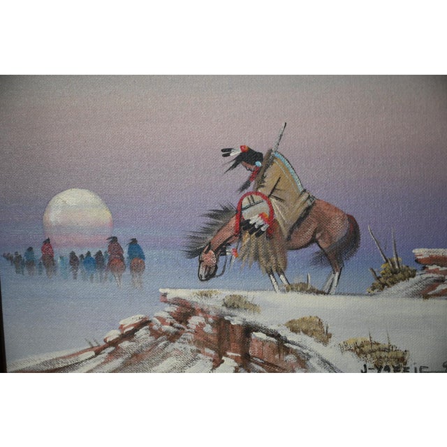 Original painting by Navajo (Diné) artist Johnny Yazzie (1945–2021). This small-format work depicts a quiet winter scene:...