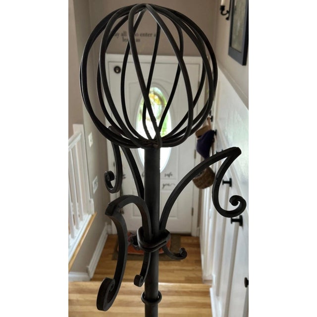 Wrought Iron Coat & Hat Rack Distinctive Spiral Globe Top Tripod Base Brutalist For Sale - Image 12 of 12