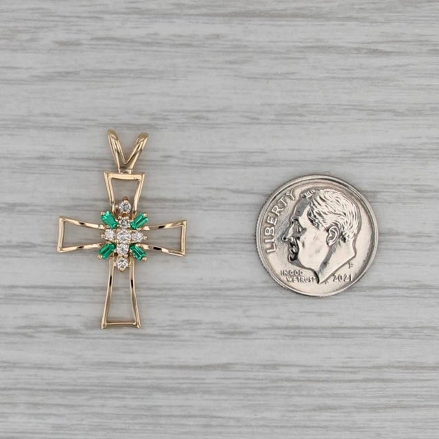 0.27ctw Emerald Diamond Cluster Open Cross Pendant 14k Yellow Gold For Sale - Image 4 of 5