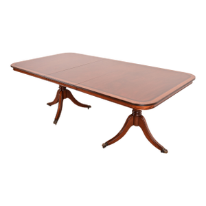 John Widdicomb Georgian Banded Mahogany Double Pedestal Extension Dining Table, Newly Refinished