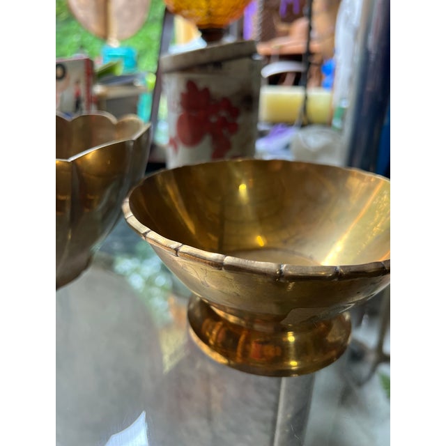Mid-Century Modern 1970s Brass Bamboo Bowl and Lotus Scalloped Bowl Set For Sale - Image 3 of 10