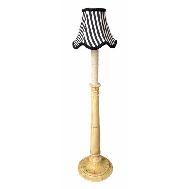 Dennis & Leen Pair of Dennis & Leen Faux Ivory Candlestick Table Lamps W Parisian Striped Shades For Sale - Image 4 of 6