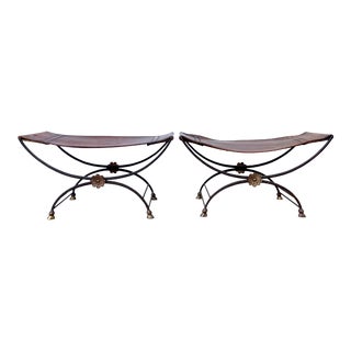 1980s Iron & Brass Saddle Leather Sling Seat Benches - a Pair For Sale