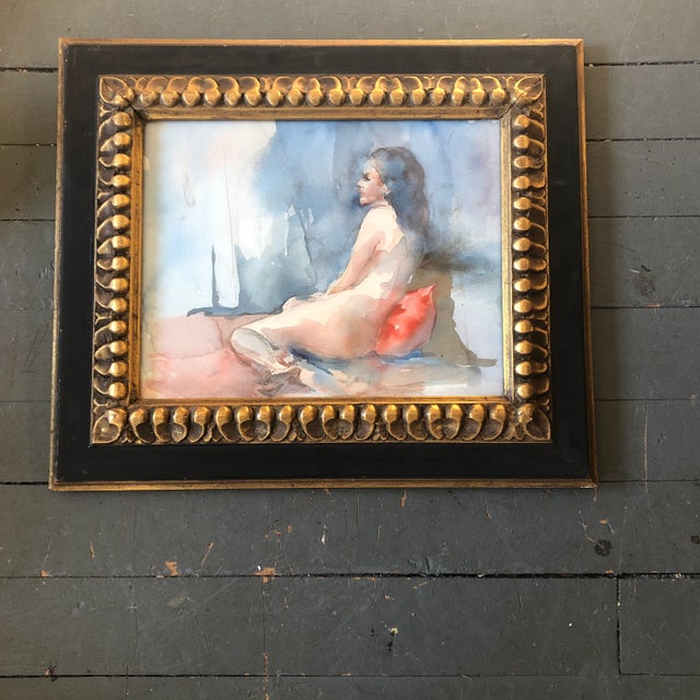 Original Vintage Abstract Expressionist Female Nude Watercolor Painting Ornate Vintage Frame For Sale - Image 4 of 4