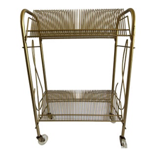 Vintage MCM Gold Metal Two Tier Record Rack Holder For Sale