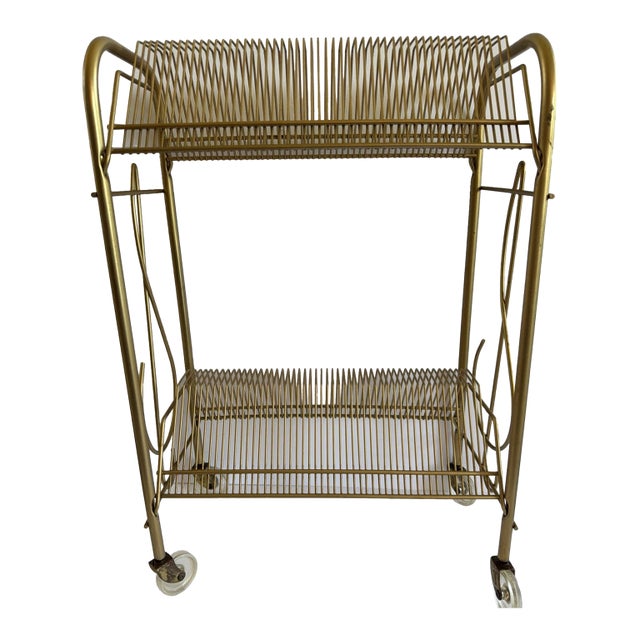 Vintage MCM Gold Metal Two Tier Record Rack Holder For Sale