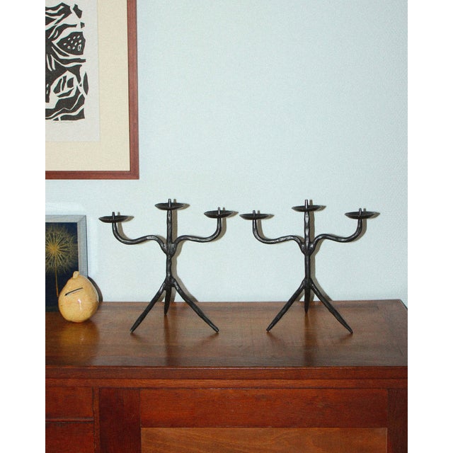 Brutalist Candlesticks in Hammered Wrought Iron, 1890s, Set of 2 For Sale - Image 9 of 11
