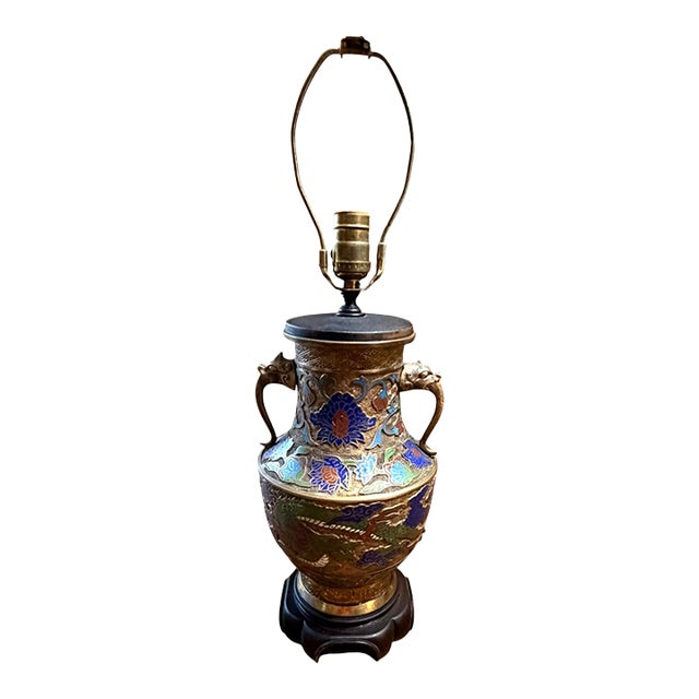 Vintage Chinese Champleve Brass Dragon Phoenix Elephant Handle Table Lamp For Sale