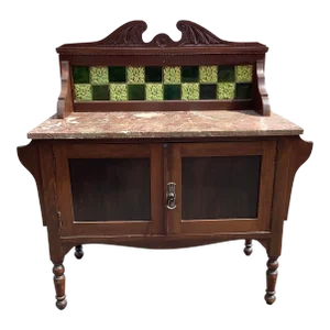 Early 1900s Antique English Mahogany Marble Butlers Server